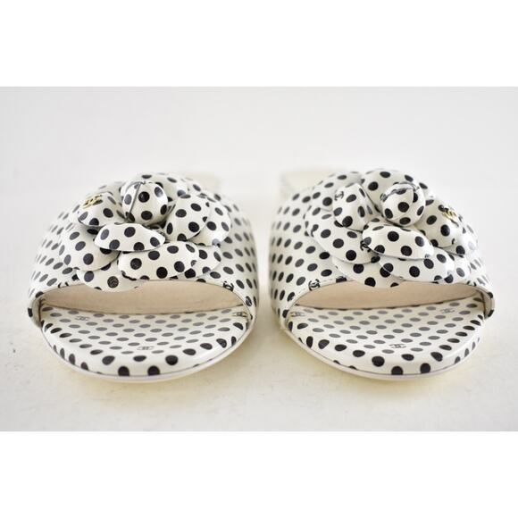 Chanel 24P Black White Camellia Flower Polka Dot CC Logo Mule Slide Sandal 38 - Picture 7 of 15